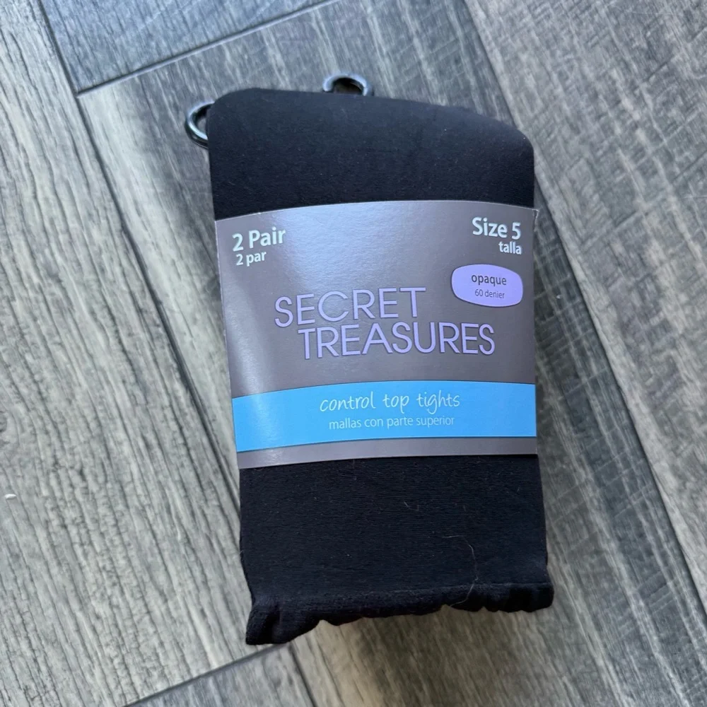 NWT Secret Treasures Black Opaque Control Top Tights 2 Pair Size 5